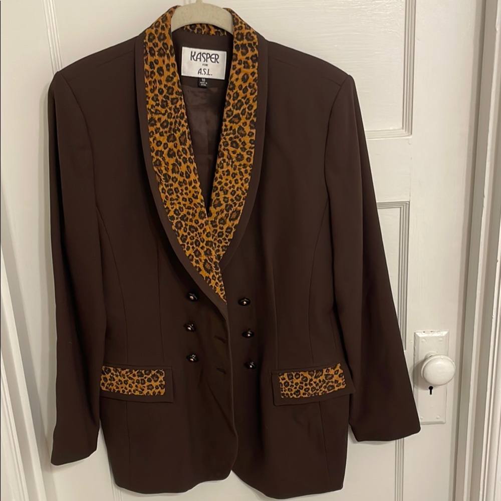 Vintage Kasper Brown Blazer with Leopard Trim